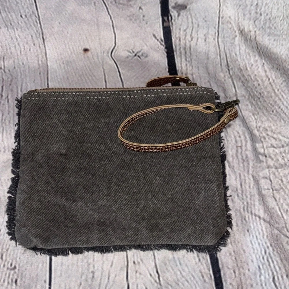 Myra Bag Up Cycled Canvas And Cowhide Leather Wristlet Pouch Bag Clutch